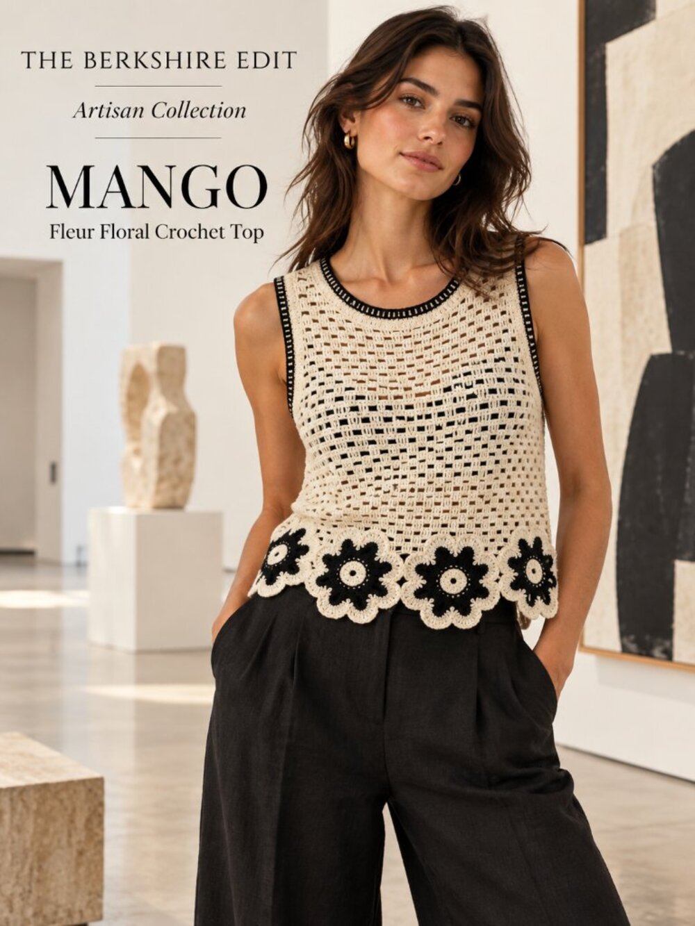 NWT MANGO Fleur Crochet Floral Scallop Hem Sleeveless Top Cream Black XS